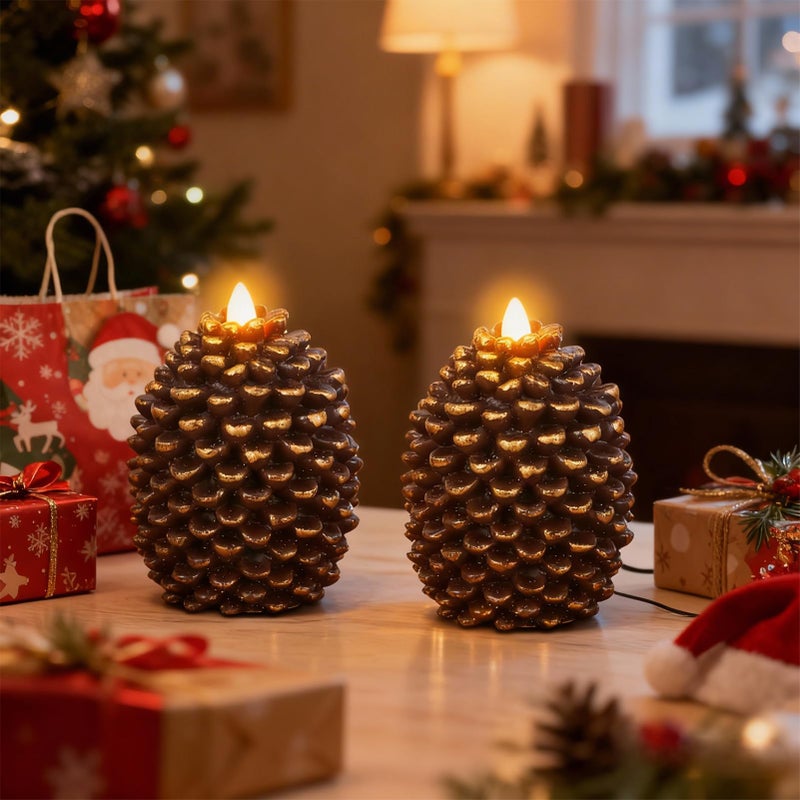 Eldnacele Pine Cone Flameless Candles Battery Operated with 6 Hour Timer Unscented Real Wax Flat Wick Flickering Pinecone LED Candles Christmas Home Holiday Decoration(2 Pack Brown) - Image 4